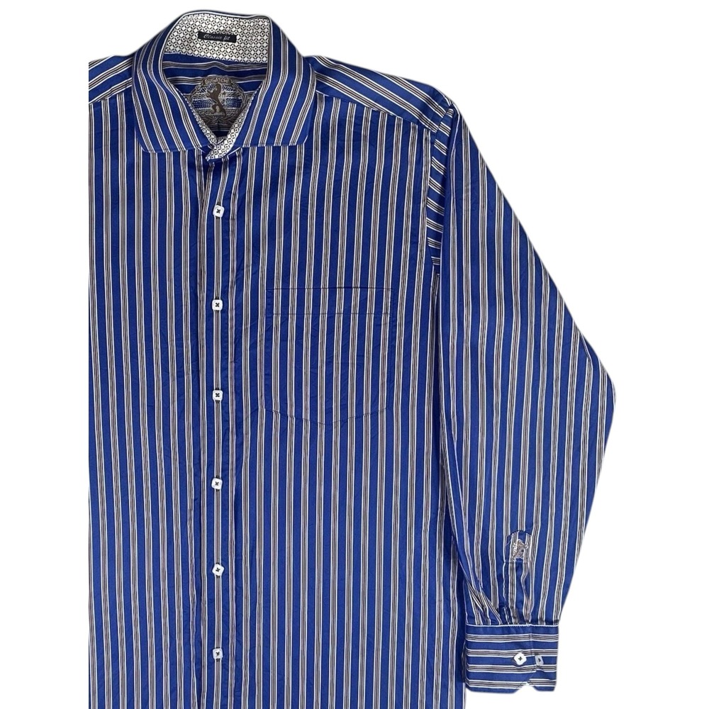 Bugatchi Shirt Mens Large Classic Fit Blue Striped Spread Collar 100% Cotton